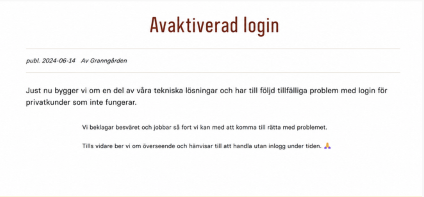 Granngården — inloggning efter
